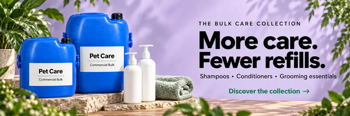 The bulk care collection. More care. Fewer refills. Shampoos, conditioners and grooming essentials. Discover the collection.